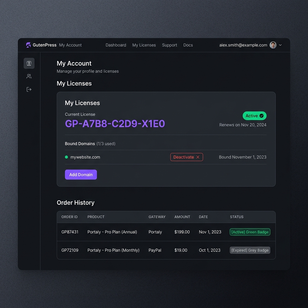 GutenPress AI 使用者自助管理中心,支援原生金鑰解綁與 Portaly/PayPal 歷史訂單總覽