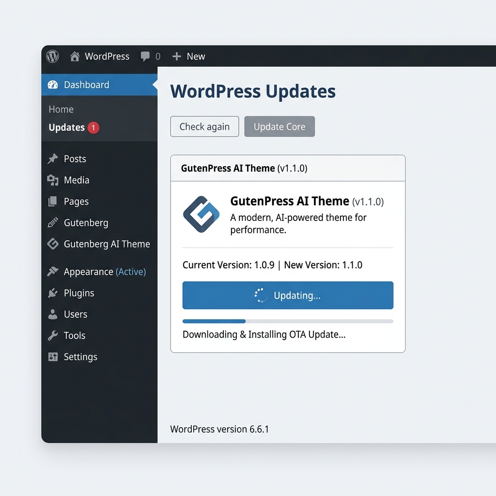 GutenPress AI 主題與 WordPress 後台原生更新機制無縫整合,支援一鍵 OTA 安全升級
